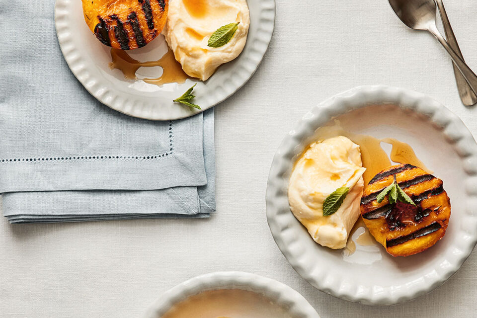 Grilled peaches with lemon mascarpone and mint